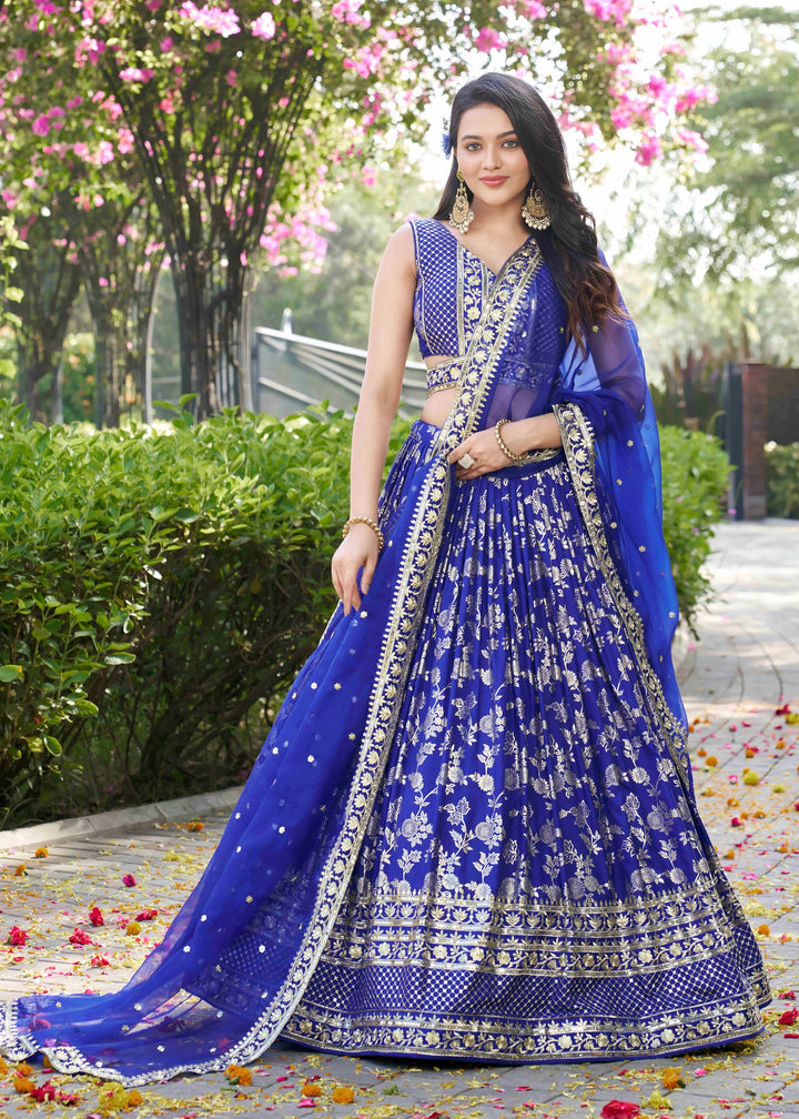 Royal Blue Sequins and Zari Embroidery Work Silk Lehenga