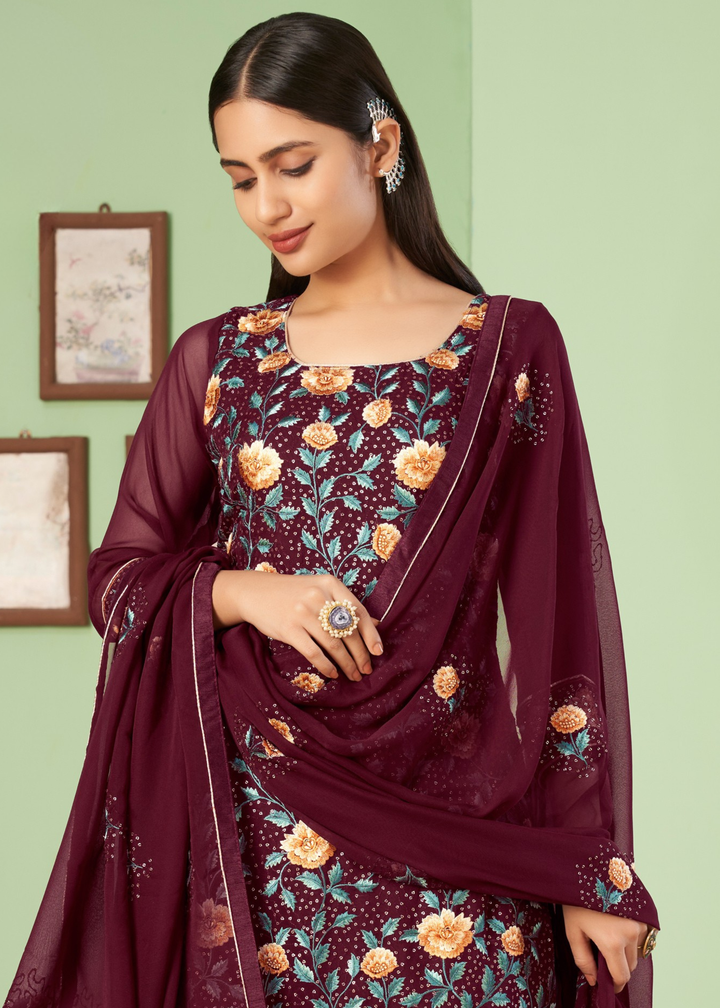 Currant Red Georgette Salwar Suit with Multi Colour Thread Embroidery & Sequence work