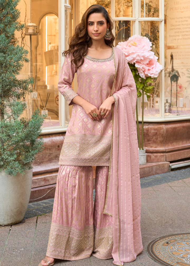 Pastel Pink Viscose Simar Jacquard Silk Palazzo Suit