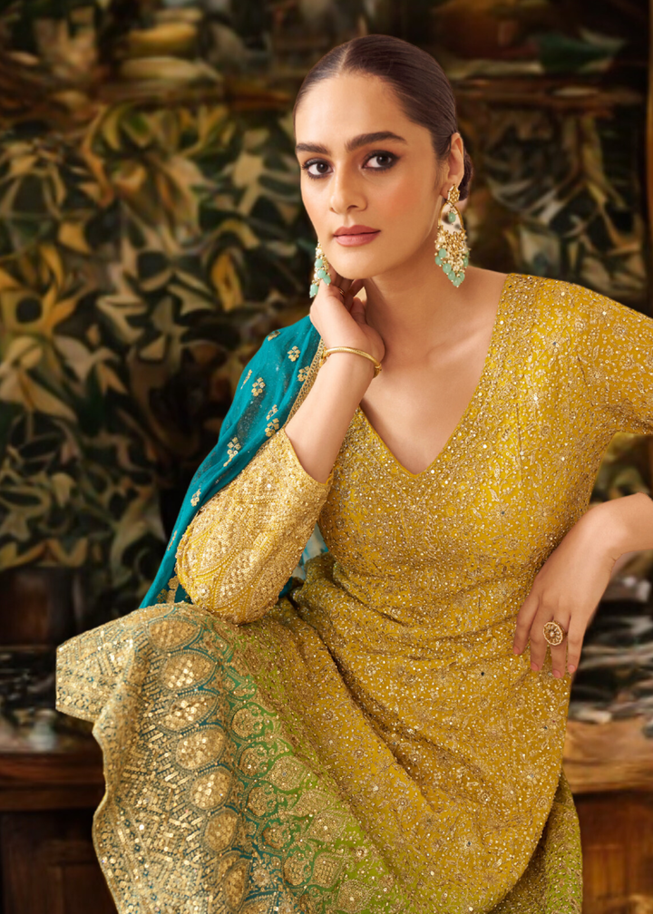 Lime Green Ombre With Gold Embroidery Georgette Palazzo Suit
