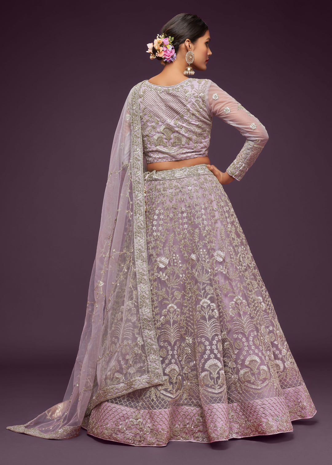 Dusky Orchid Soft Net Lehenga with Thread, Zari, Badla and Glitter Dori Embroidery Work