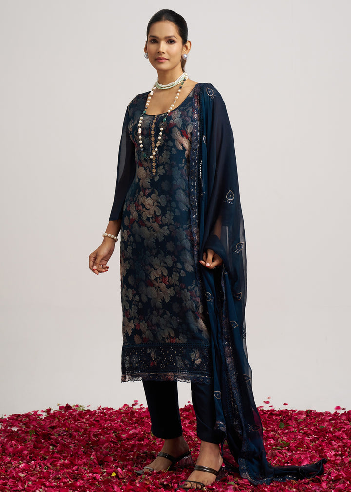 Indigo Blue Organza Pant Style Suit WIth Chiffon Dupatta