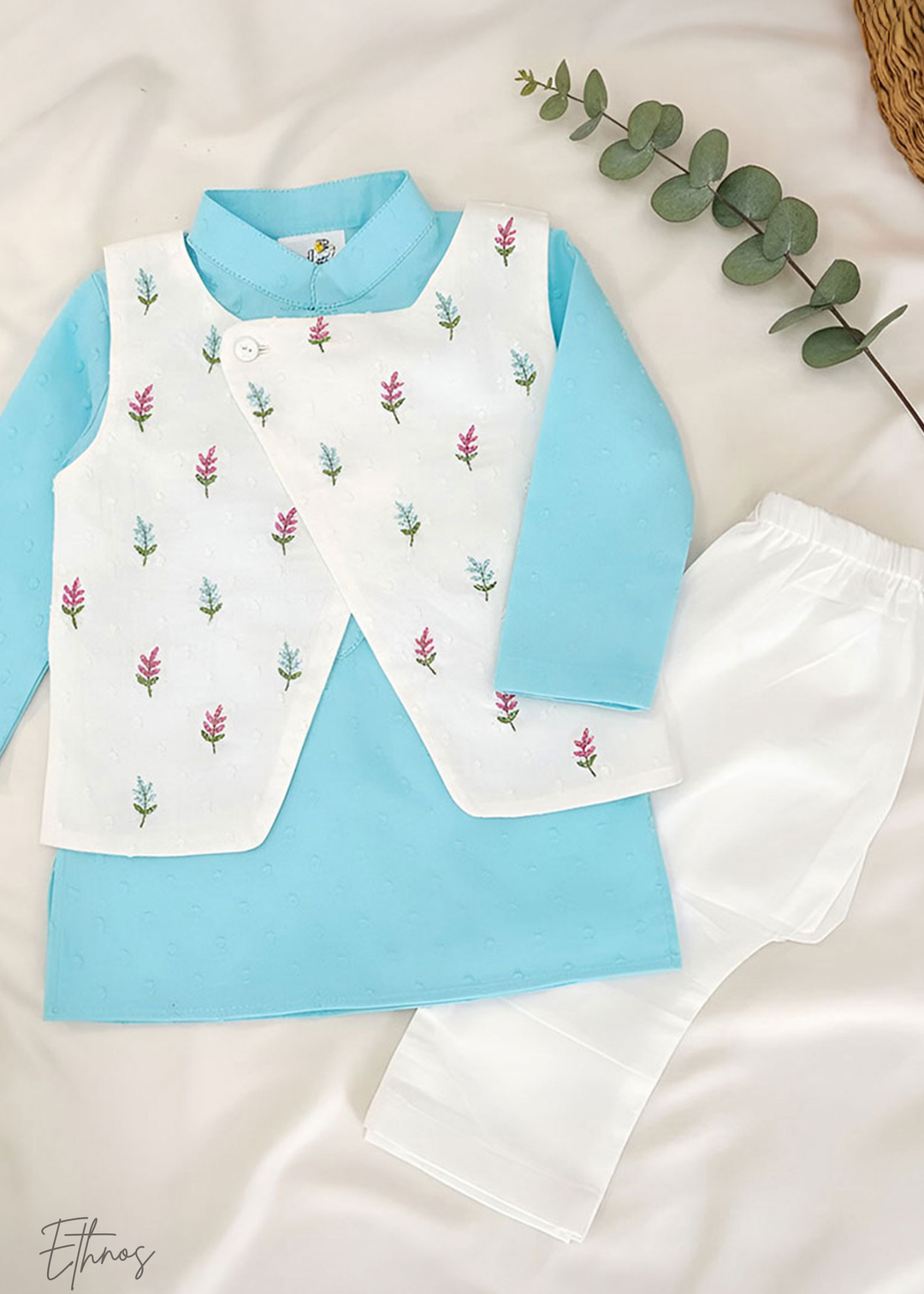 Organic Cotton Blue & White kurta Set with Jacket - Floral