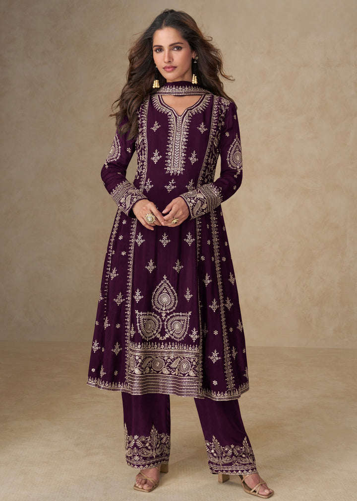Dark Purple Chinon Silk Suit With Embroidery Work