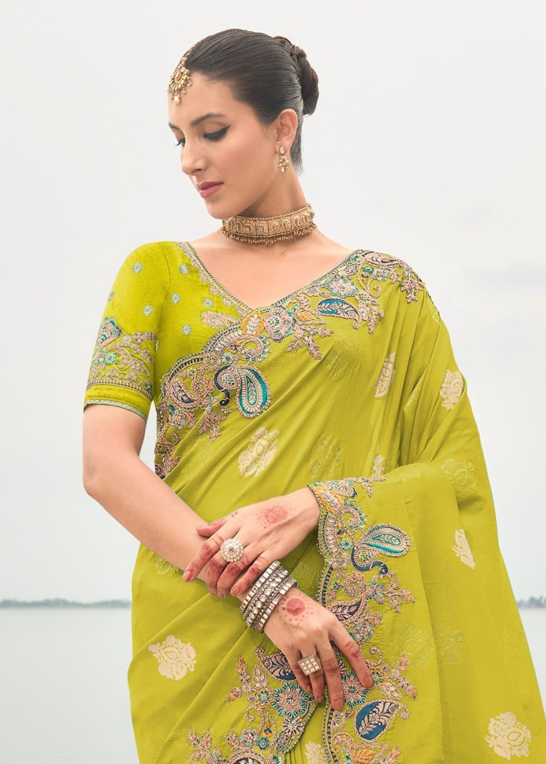 Lime Green Silk Saree With Embroidery Cut and Butti Work