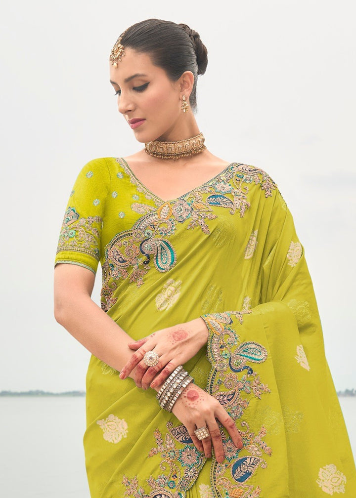 Lime Green Silk Saree With Embroidery Cut and Butti Work