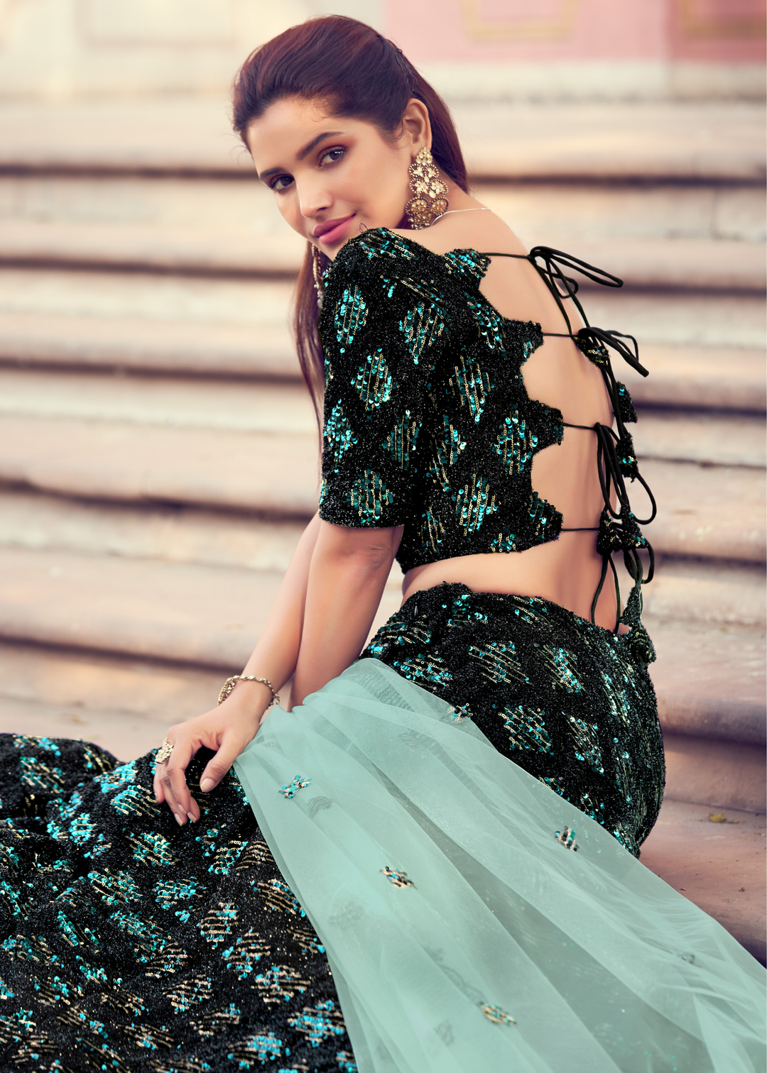 Black & Green Designer Lehenga Choli with Sequins work