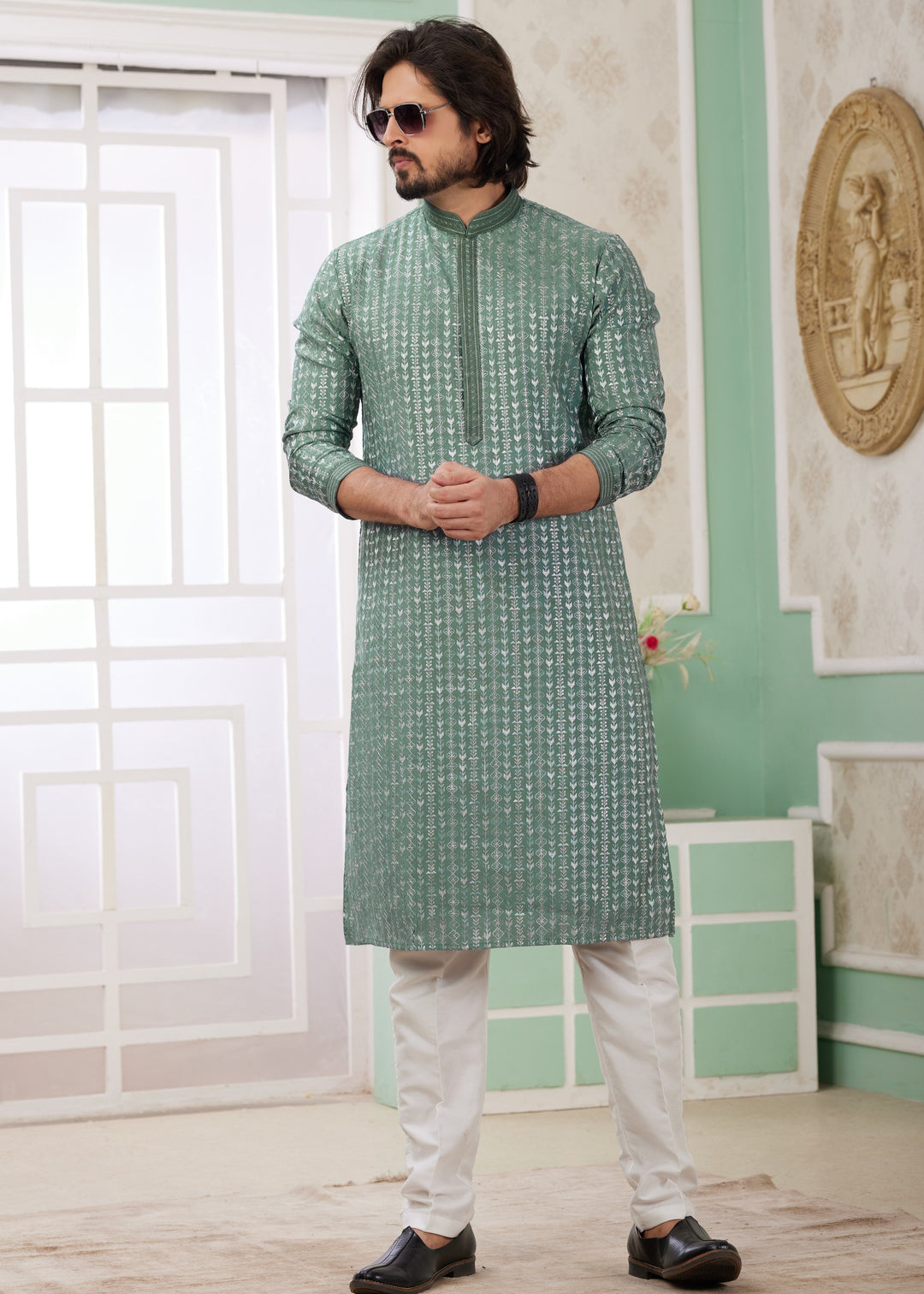 Ocean Green Silk Mens Kurta Set With Thread Embroidery Work