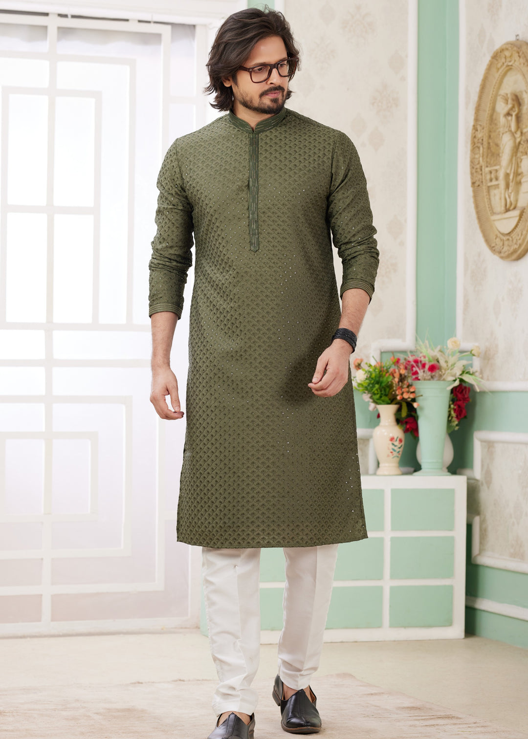 Mehendi Green Silk Mens Kurta Set With Thread Embroidery Work