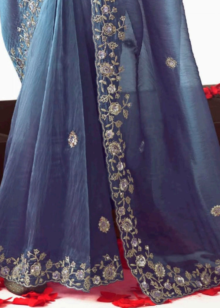 Majorelle Blue Fancy Fabric Silk Saree With Hand Embroidered Work And Cut Work Border