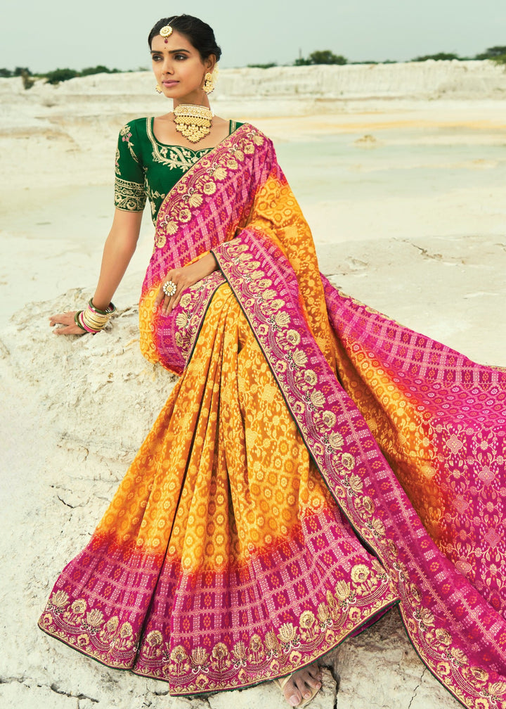 Yellow & Pink Georgette Bandhej Saree With Moti & Cut-Dana Handwork Border