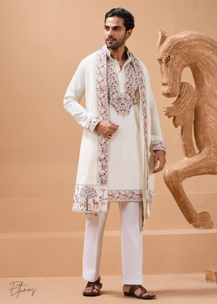 White Mens Wear Silk Kurta With Pant And Dupatta