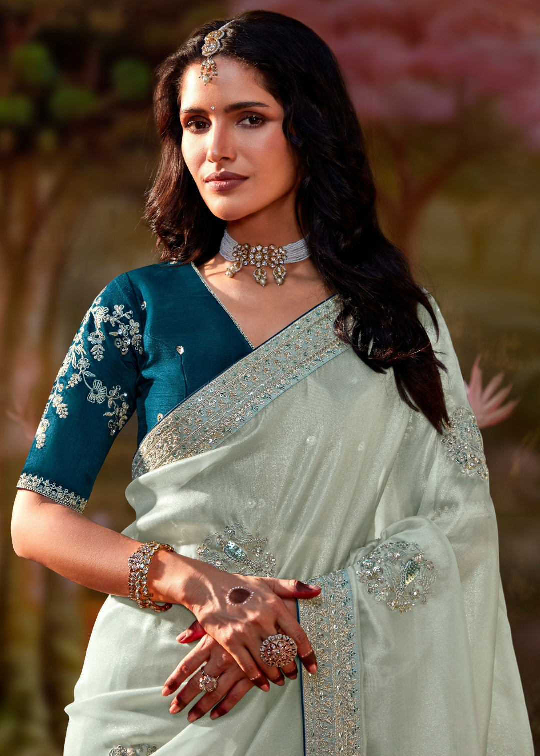 Teal Blue And Cream Cotton Silk Saree