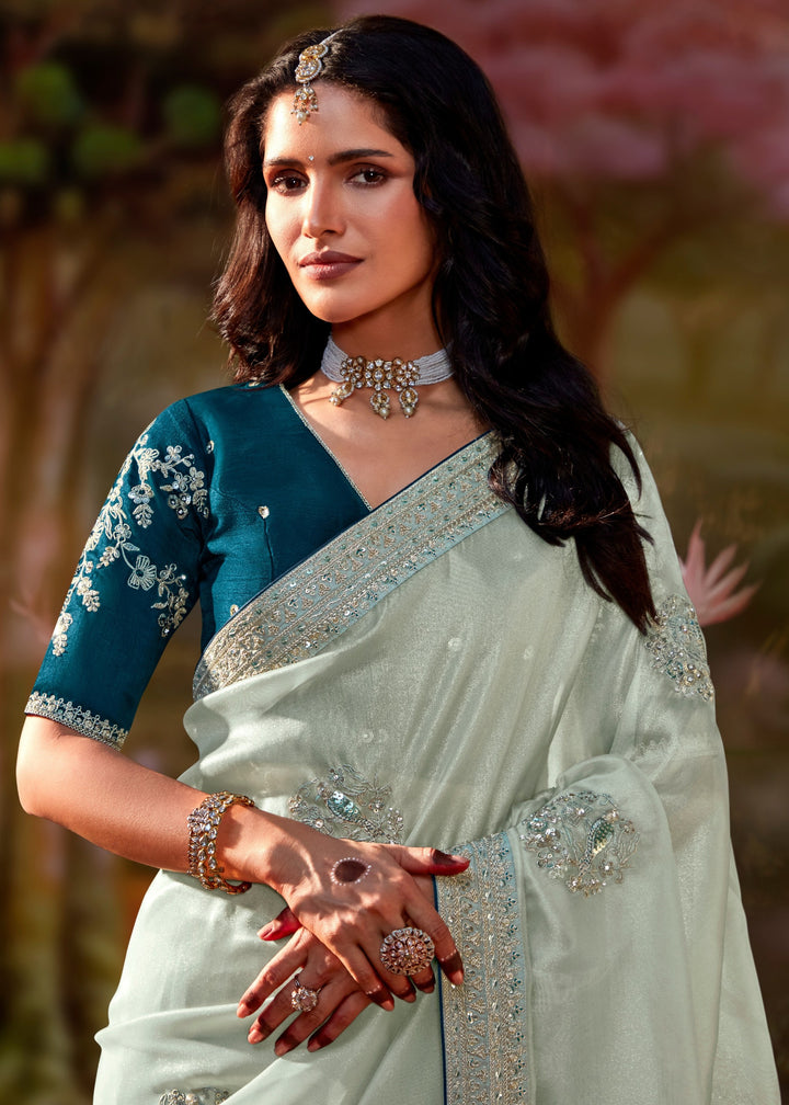 Teal Blue And Cream Cotton Silk Saree