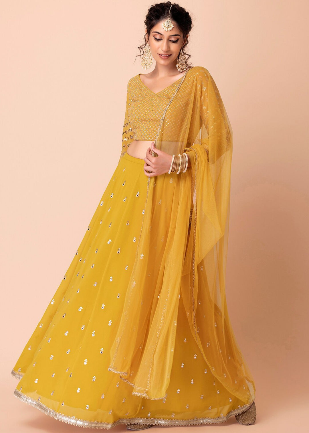 Mustard Yellow Georgette Lehenga Choli With Sequins Zari Embroidered Work