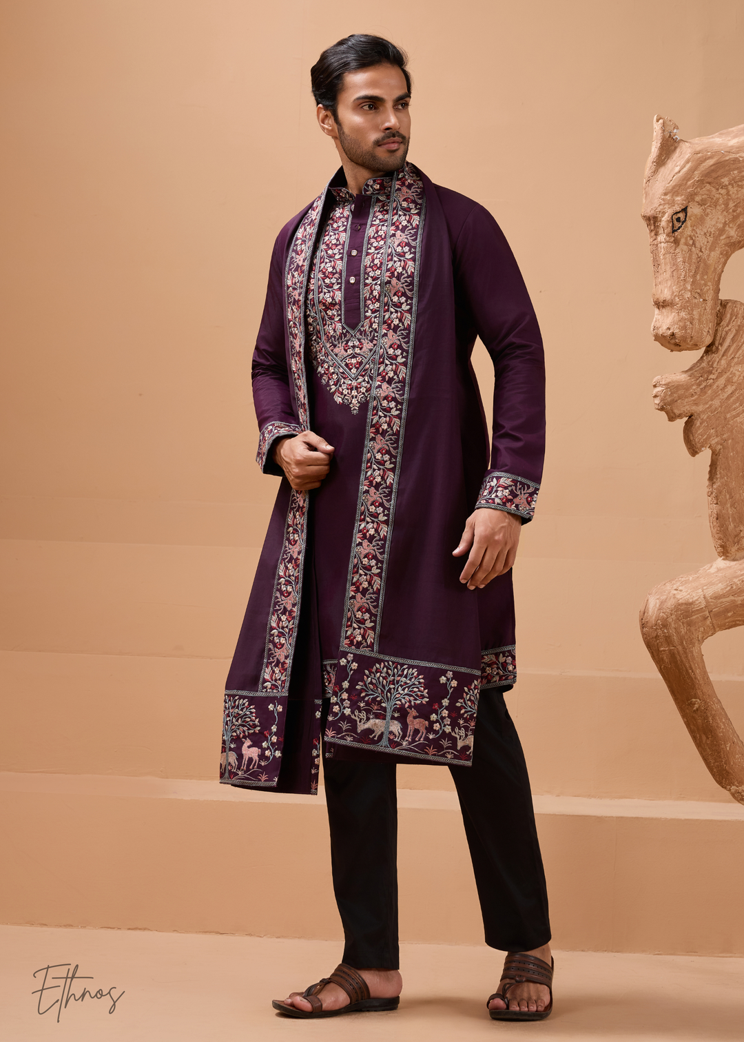 Purple Mens Wear Silk Kurta With Pant And Dupatta