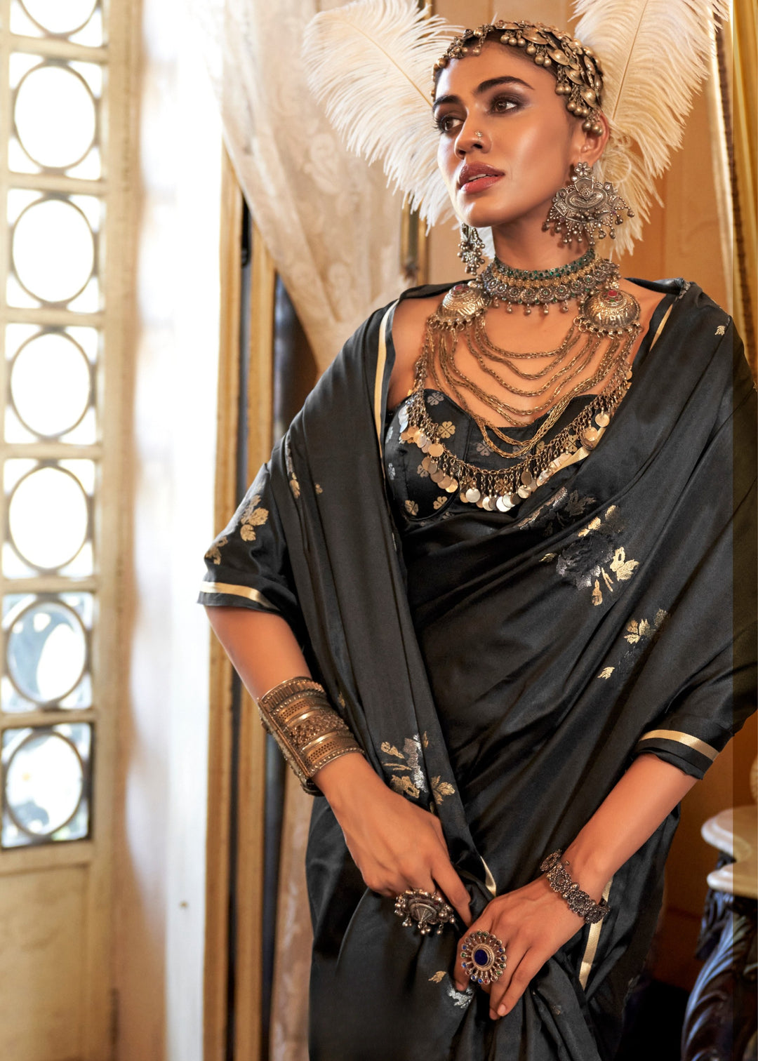 Black Pure Satin Handloom Weaving Silk Saree