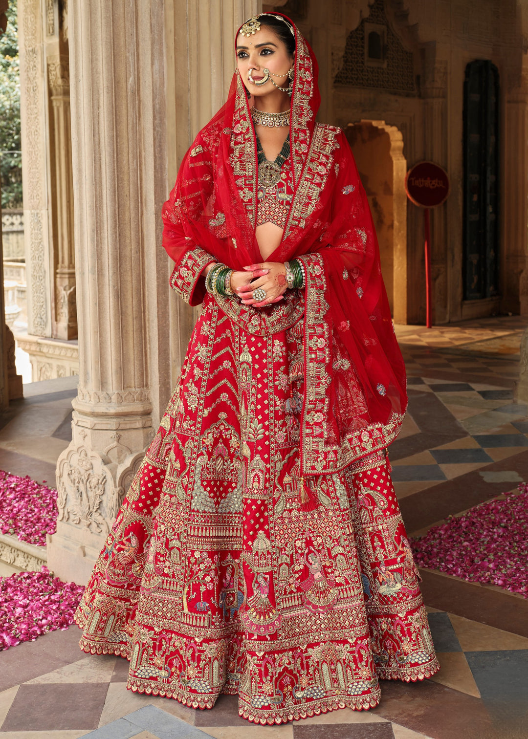 Crimson Red Heavy Bridal Silk Lehenga With Khatli And Embroidery Work