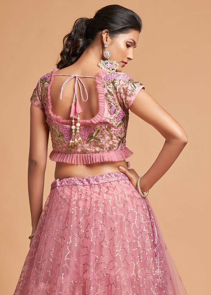 Flamingo Pink Designer Soft Net Lehenga Choli with Zari, Dori & Thread Embroidery work