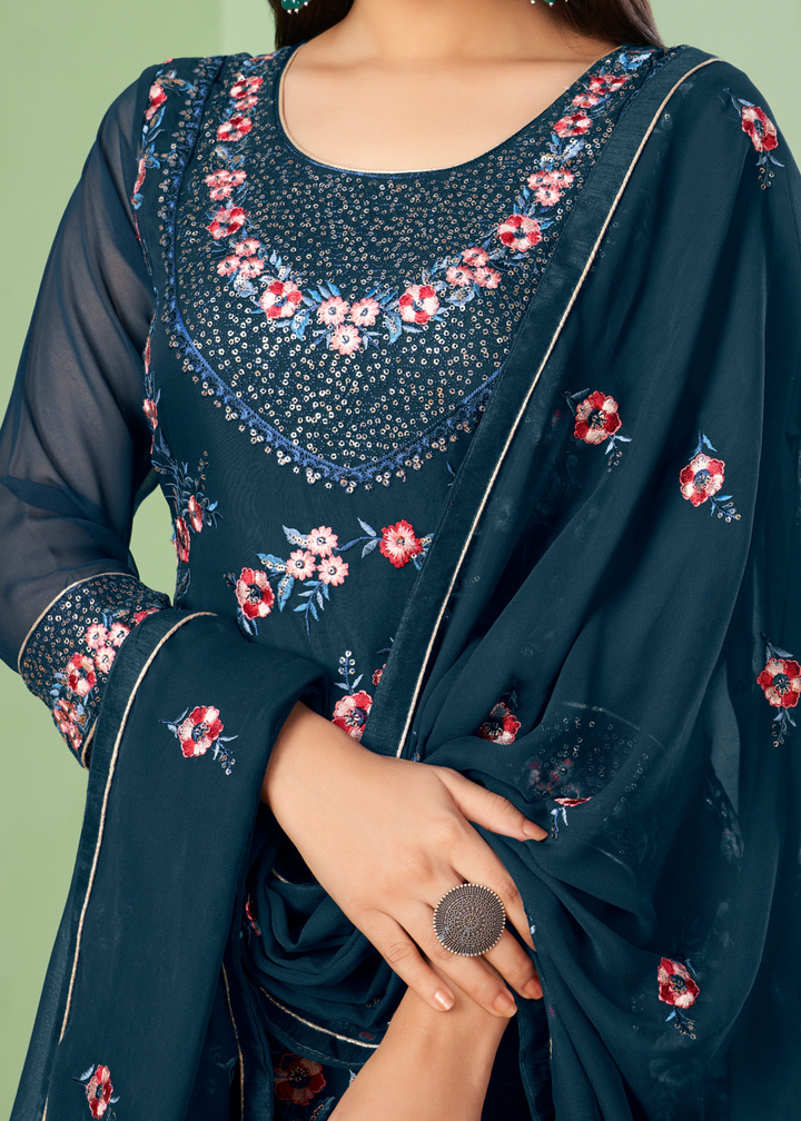 Space Blue Georgette Salwar Suit with Multi Colour Thread Embroidery & Sequence work