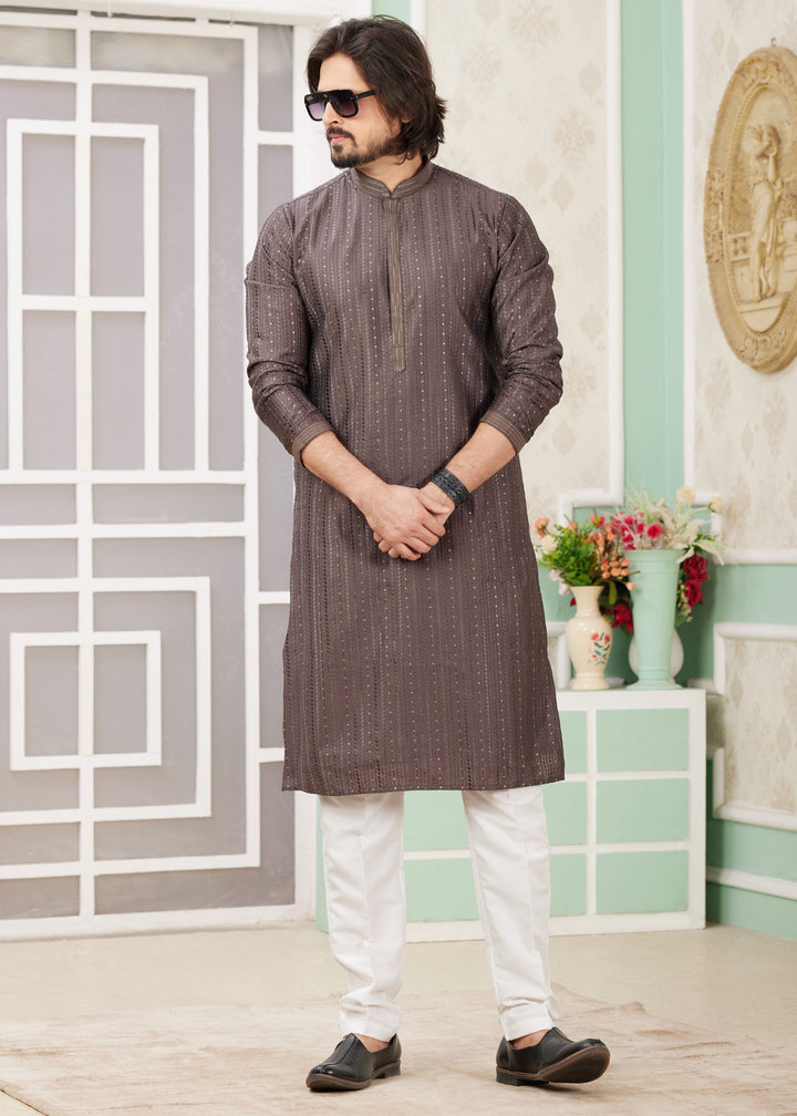 Mocha Brown Silk Mens Kurta Set With Thread Embroidery Work
