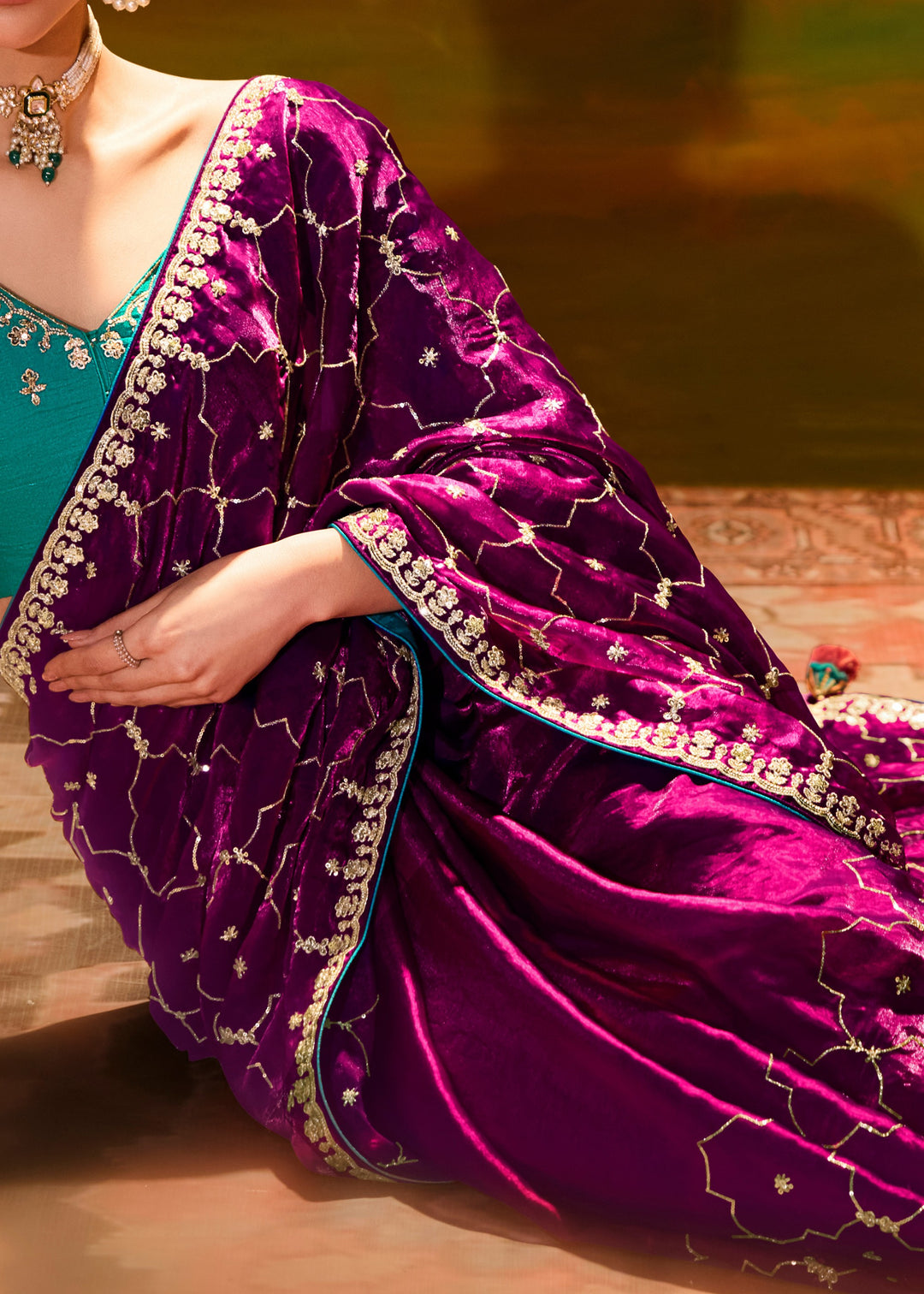 Plum Purple Saree With Embroidery And Handwork Designer Cut Border