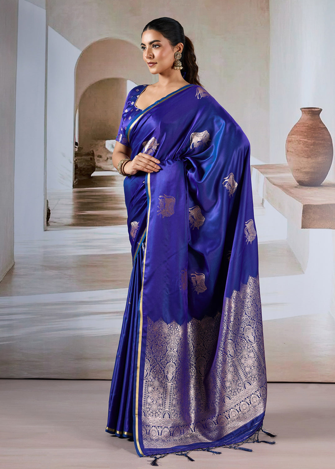 Blue Pure Satin Handloom Weaving Saree