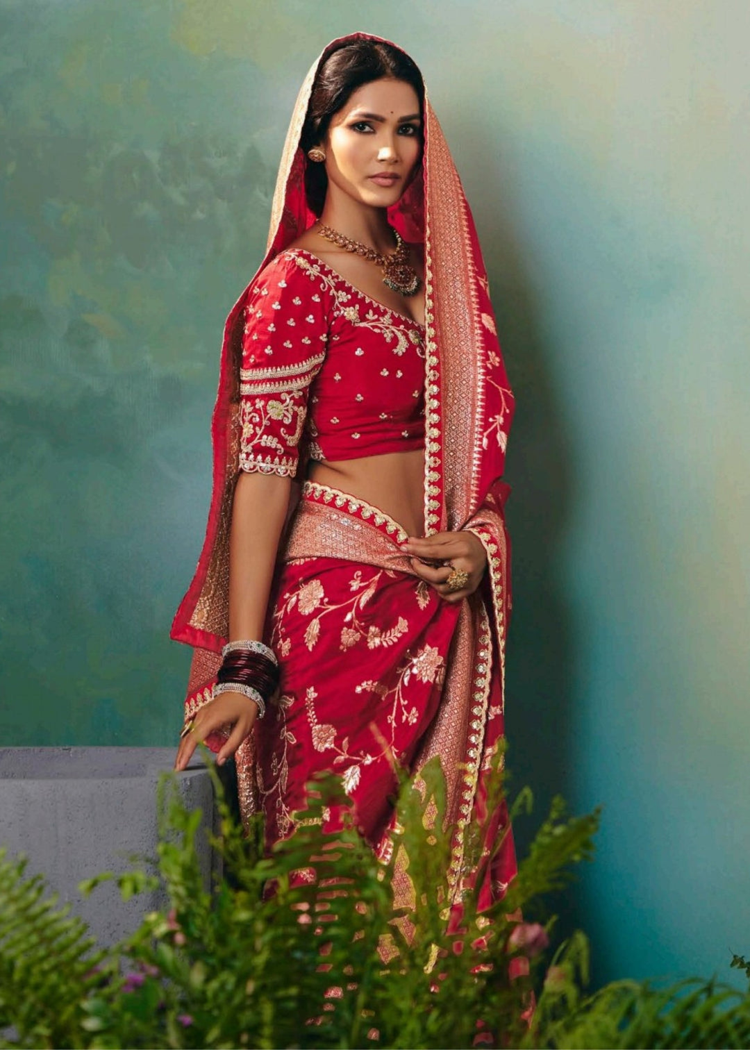 Deep Red Pure Viscose Dola Silk Saree with Zari Weaving & Embroidered Blouse