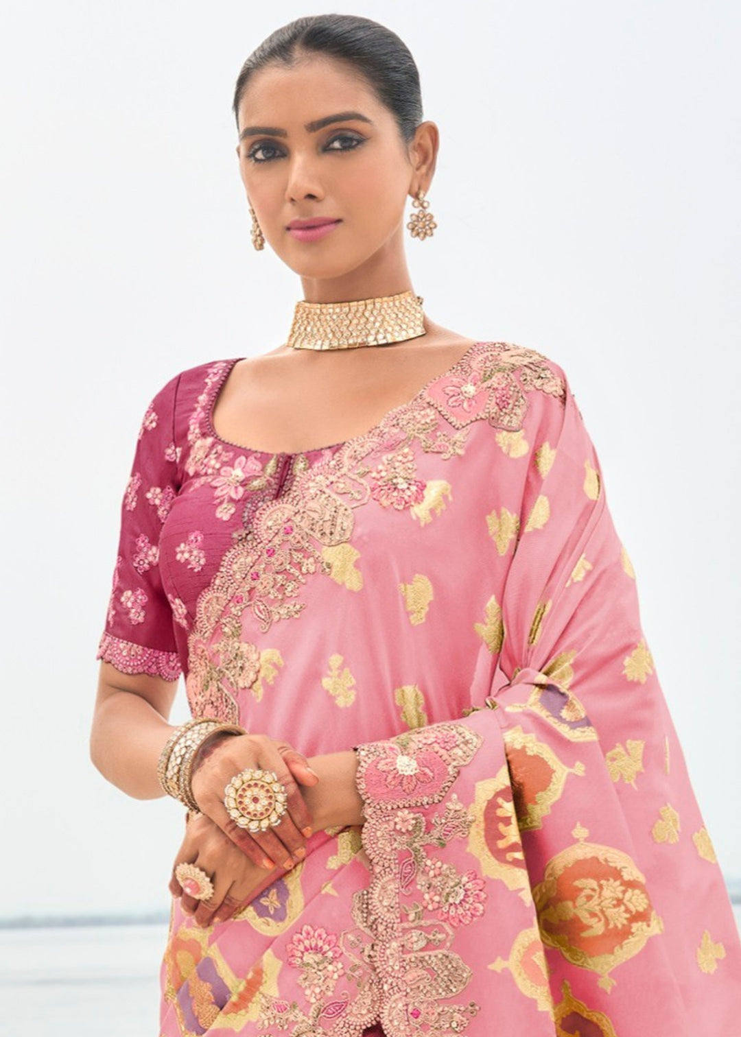 Peach Silk Saree With Embroidery Cut and Butti Work