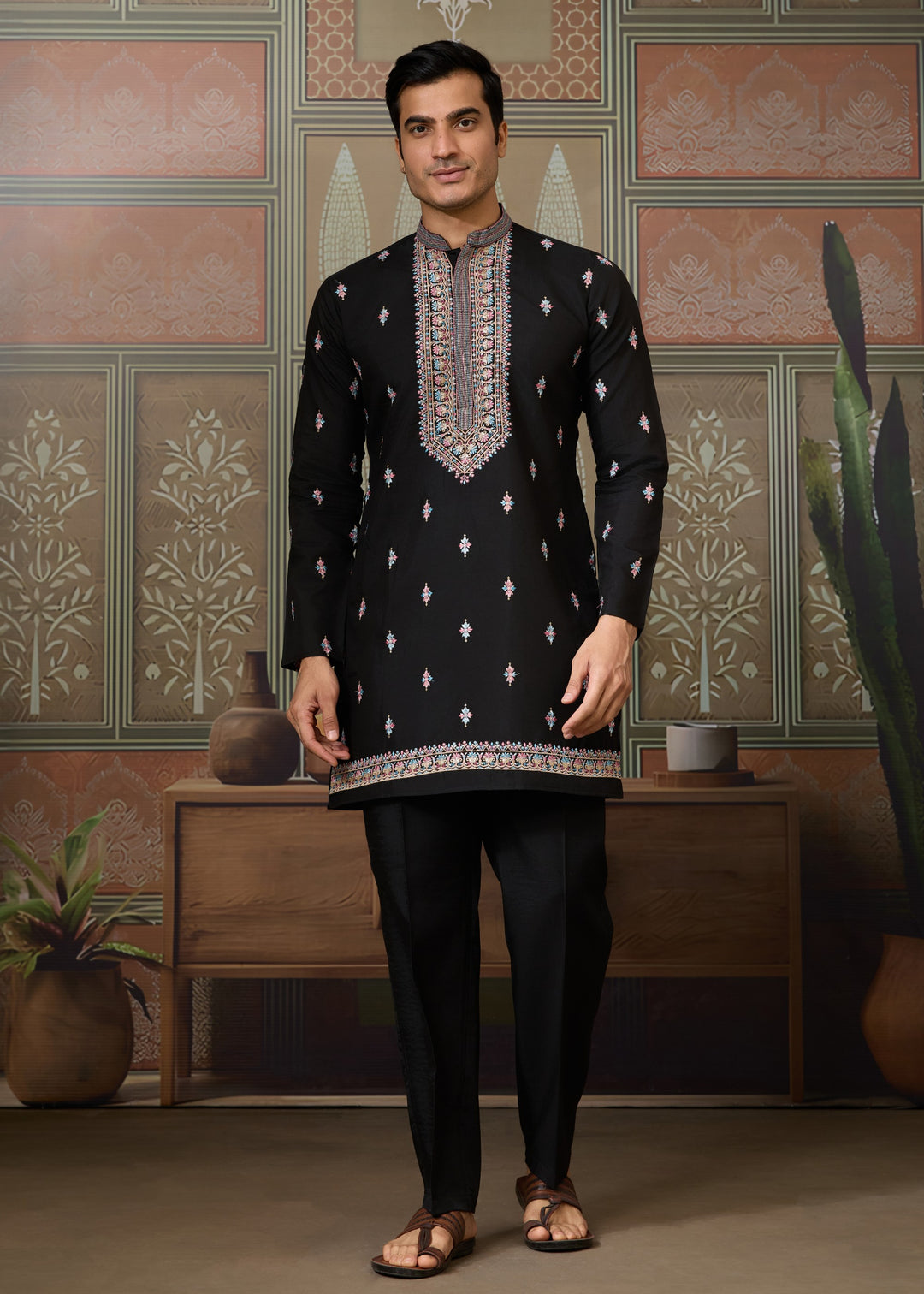 Jet Black Mens Wear Koti Style with Silk Kurta and Pajama