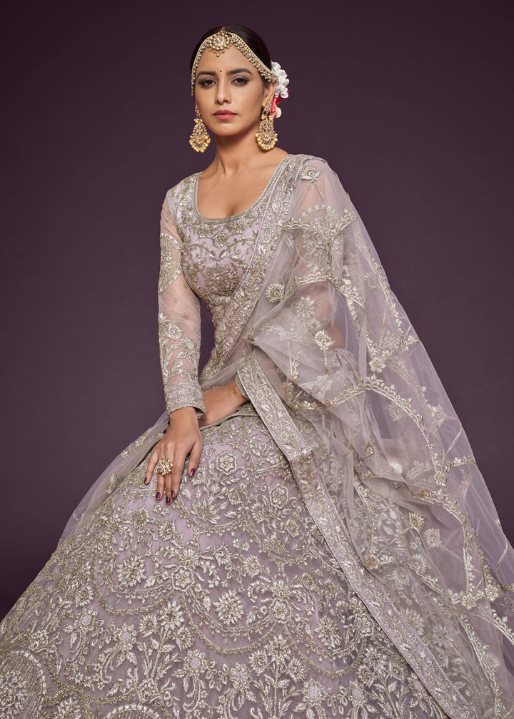 Orchid Soft Net Lehenga with Thread, Zari, Badla and Glitter Dori Embroidery Work