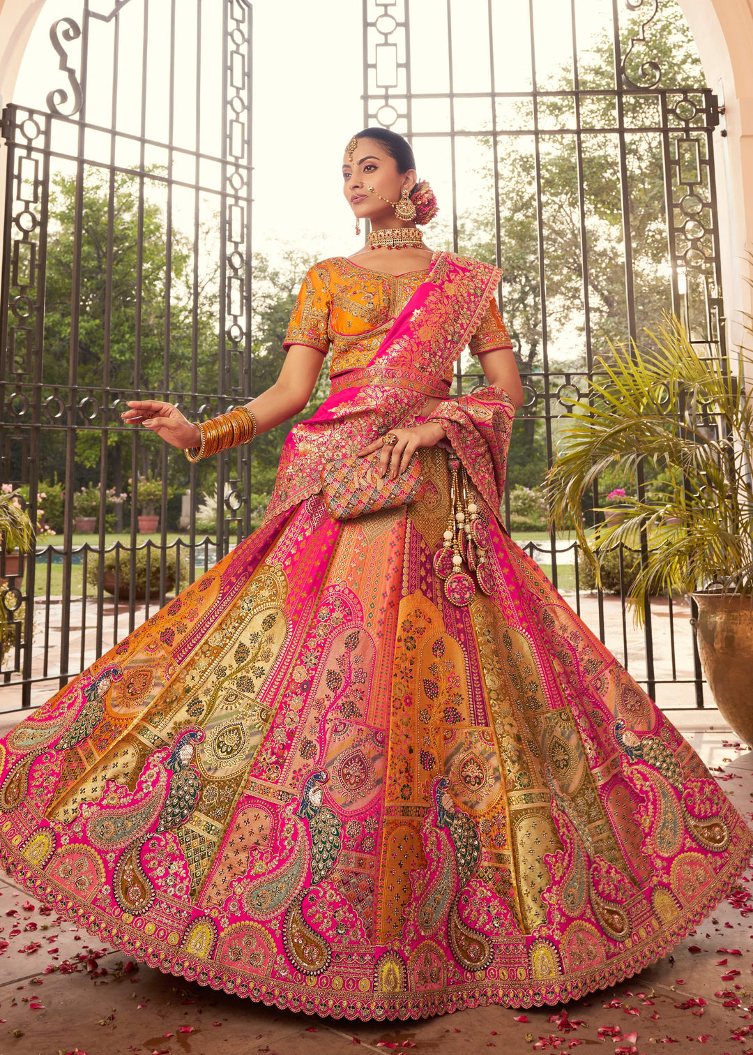 Hot Pink Base Banarasi Silk Lehenga With Gold Brocade And Golden Zari Work