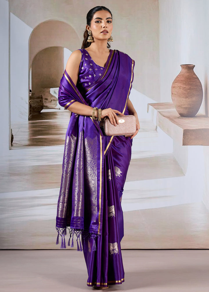 Purple Pure Satin Handloom Weaving Saree
