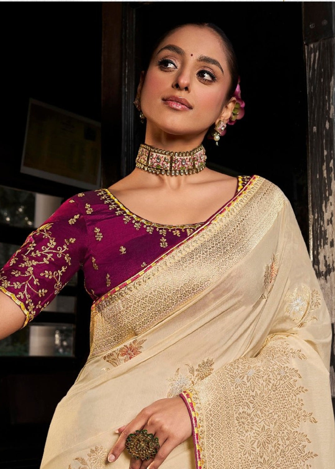 Cream Soft Dola Viscous Silk with 3d Weaved Pallu and contrast blouse Saree