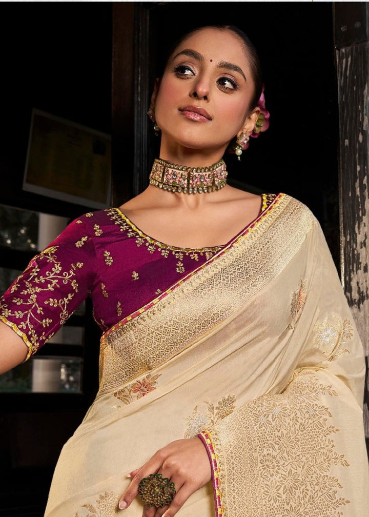 Cream Soft Dola Viscous Silk with 3d Weaved Pallu and contrast blouse Saree