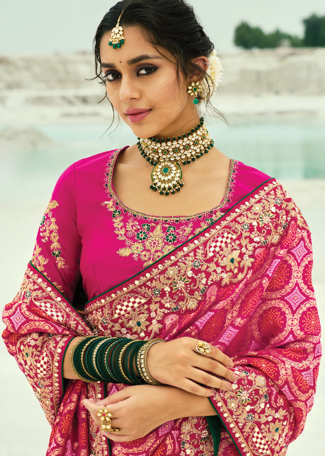 Rani Pink Georgette Bandhej Saree With Moti & Cut-Dana Handwork Border