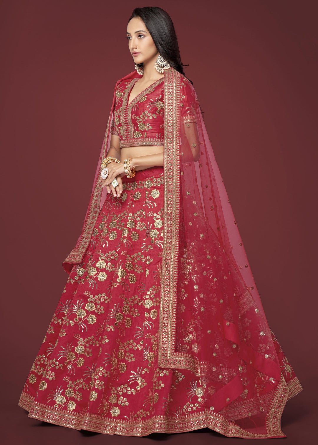 Red Slub Silk Lehenga with Zari Sequins and Dori Embroidery Work