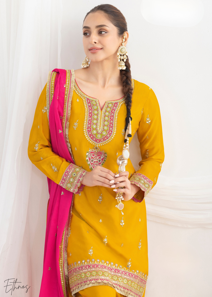Dandelion Yellow Chinnon Silk Salwar Suit