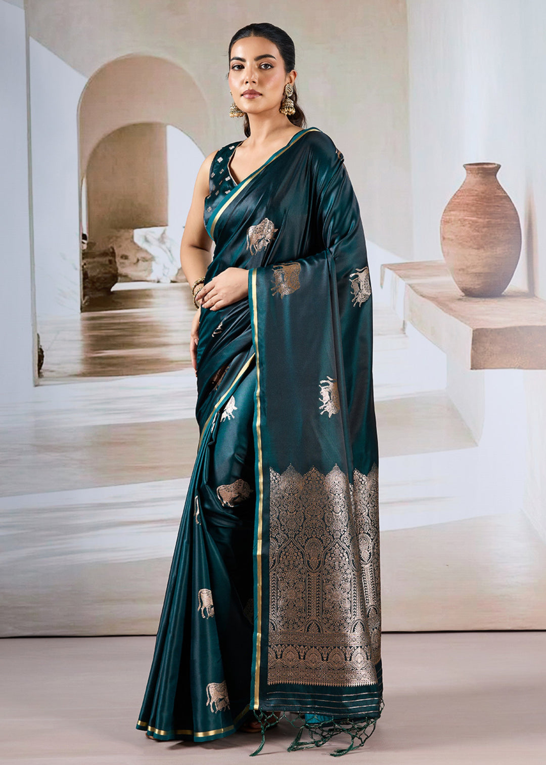 Dark Green Pure Satin Handloom Weaving Saree