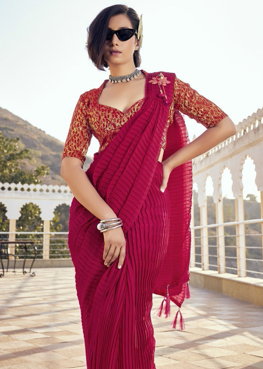 Hot Pink Crush Silk Saree With Beautiful Blouse