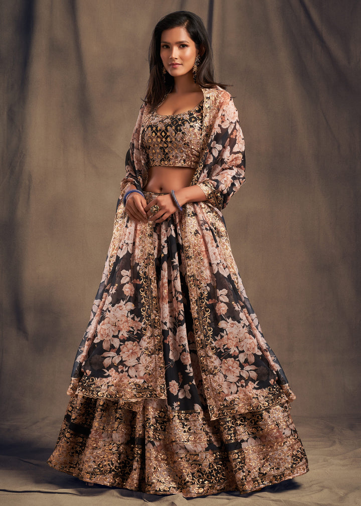Black Organza Lehenga Sequins Zari Embroidery Work