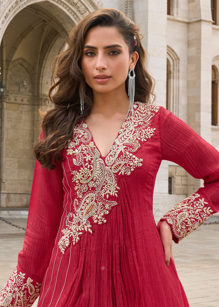 Ruby Red Chinon Silk Gown with Dupatta