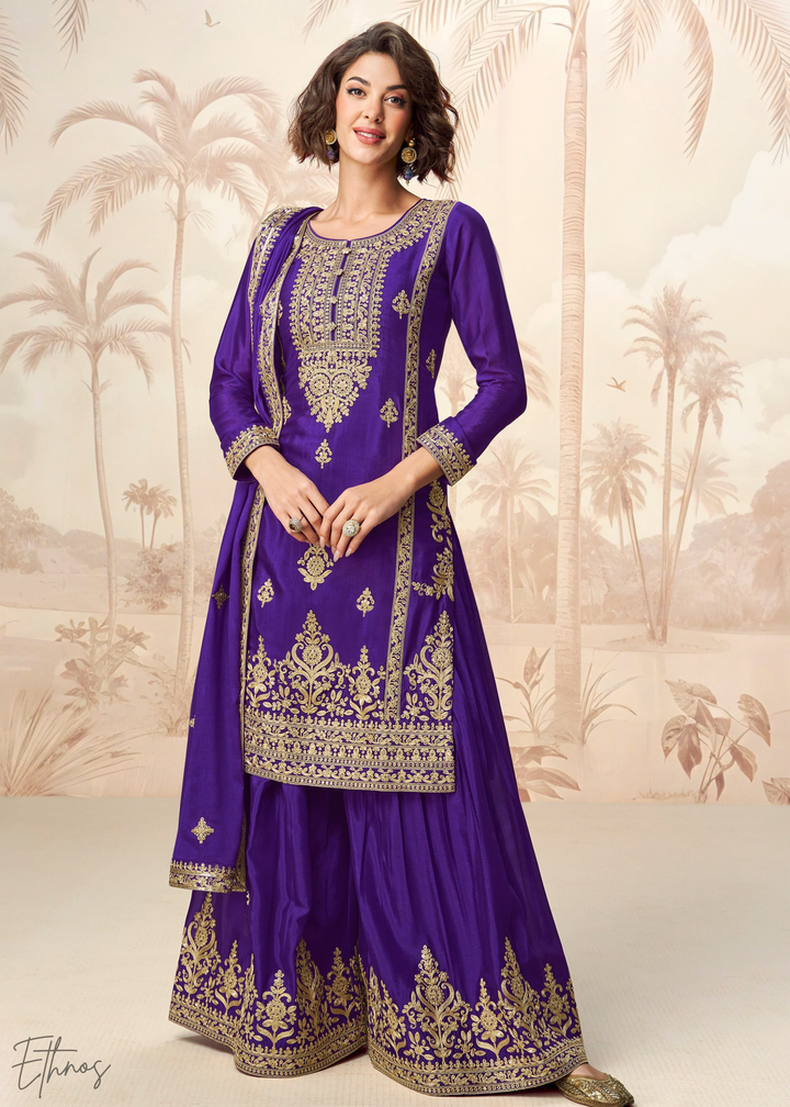 Cadbury Purple Chinon Silk Palazzo Suit
