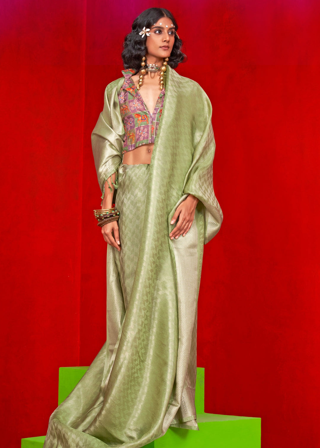 Pear Green Viscose Zari Tissue Silk Saree