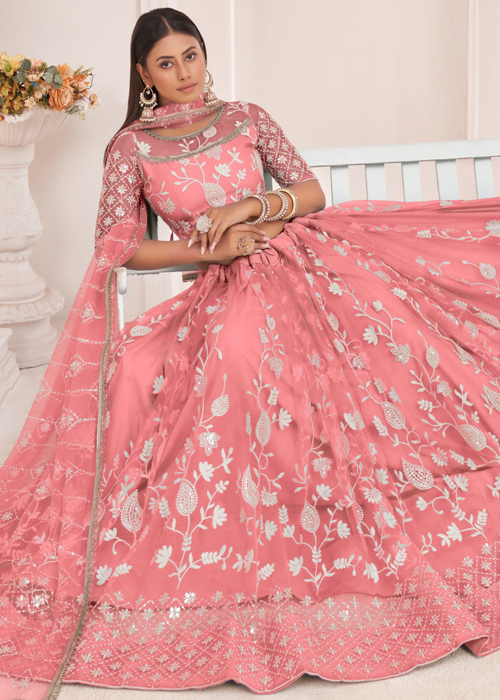 Salmon Pink Designer Soft Net Lehenga With Cotton Thread And Sequins Embroidery Work
