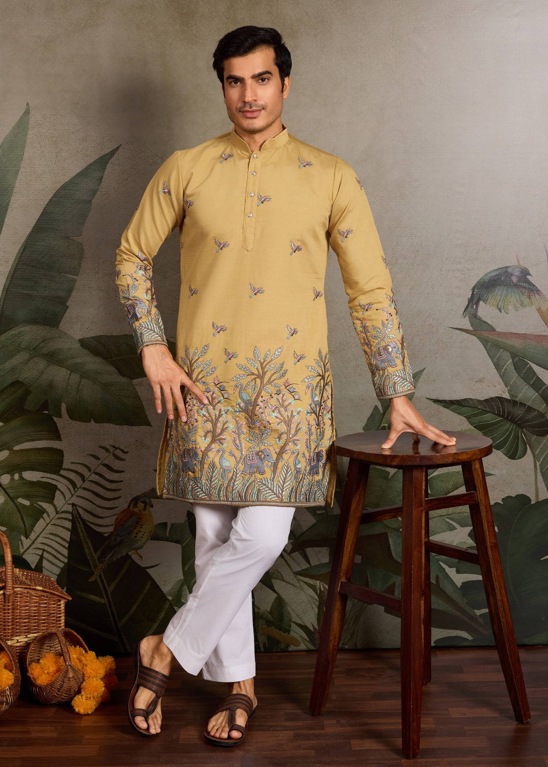 Mustard Yellow Mens Silk Kurta with Pant