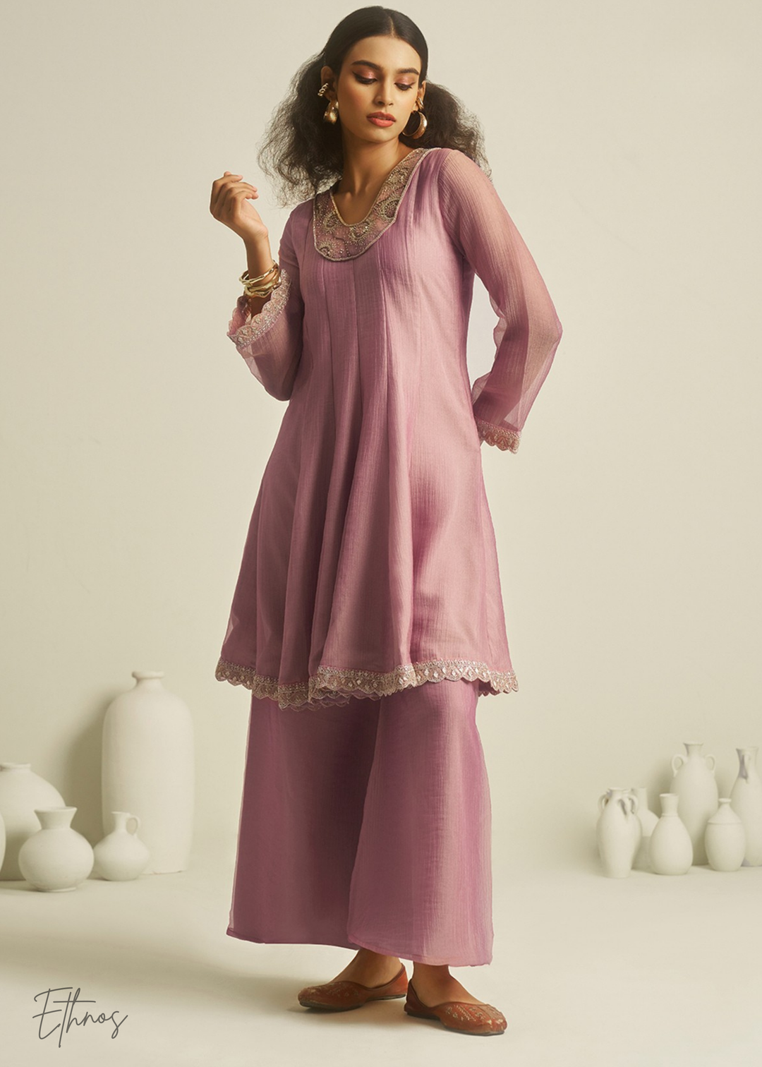 Pink Tissue Handwork Kurta With Pant