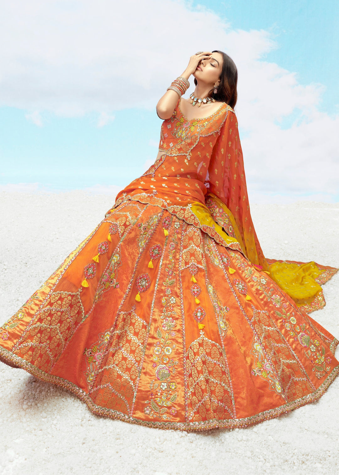 Orange and Yellow Silk Lehenga With Cut Work Border