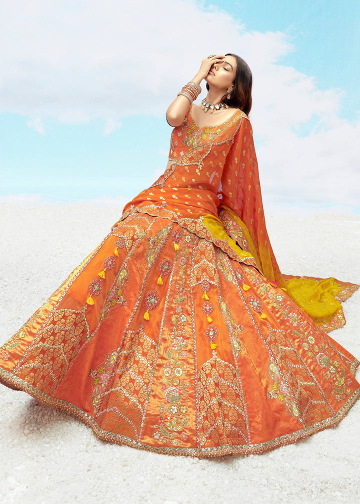 Orange and Yellow Silk Lehenga With Cut Work Border