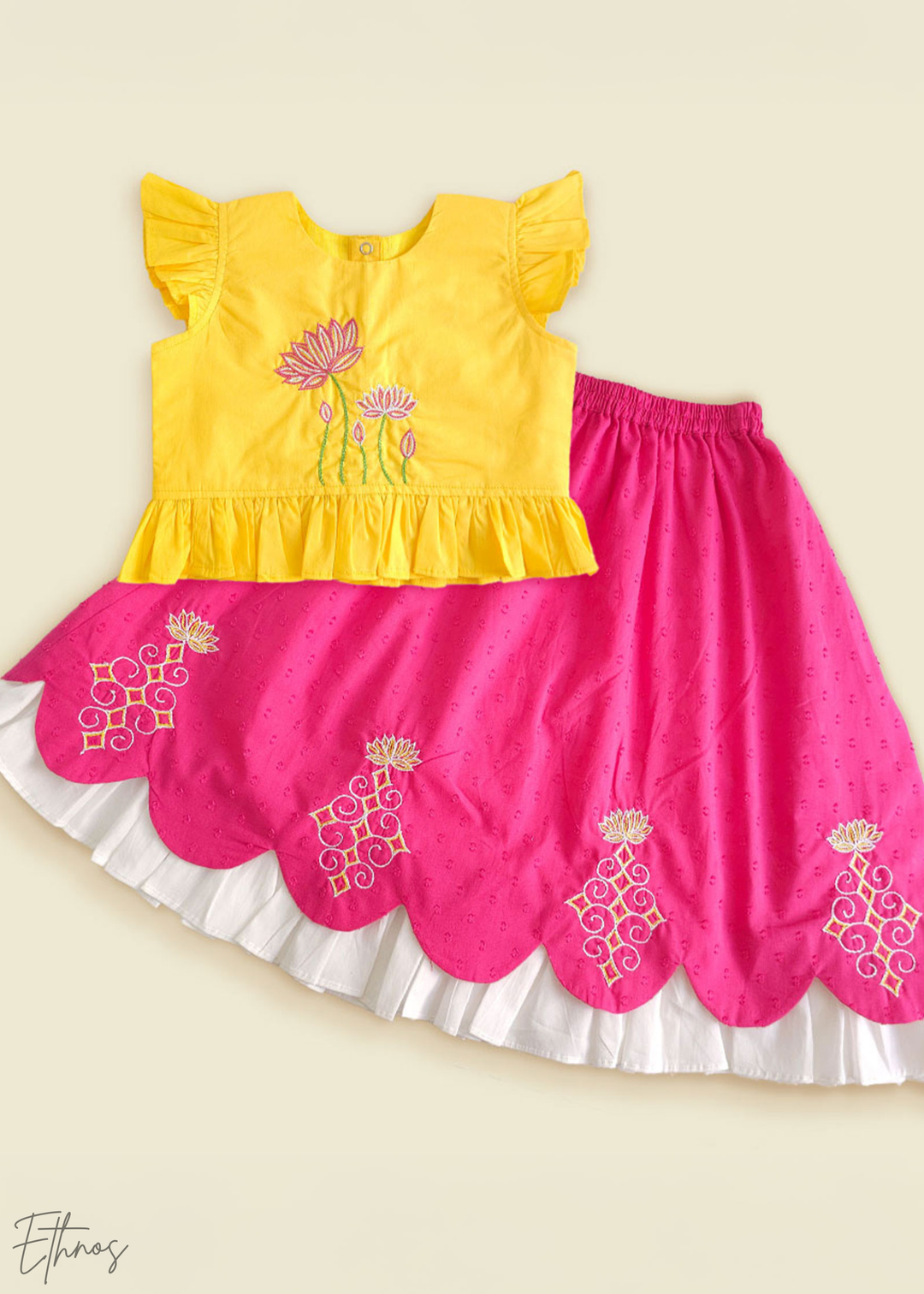 Organic Cotton Yellow and Pink Crop Top with Lehenga